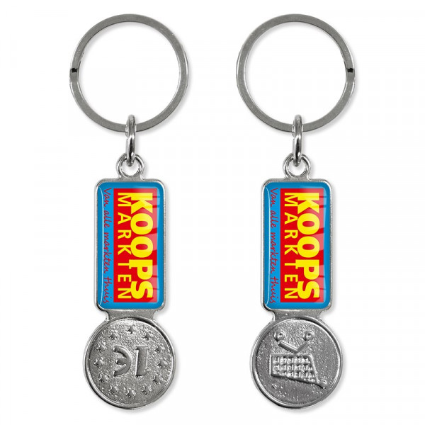 Rechthoekige metalen sleutelhanger met winkelwagenmunt en dominglabel